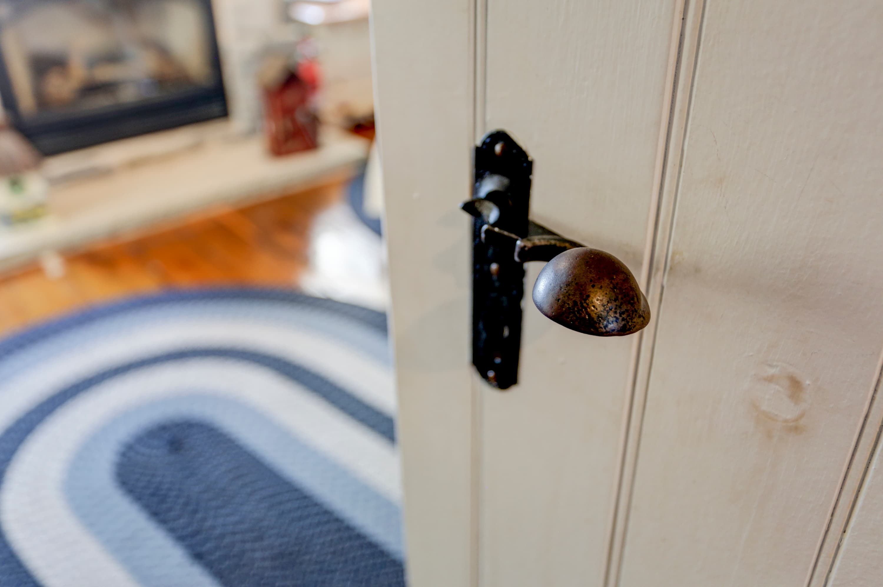 Doorknob on a white door with a black backplate, leading to a blurred room with a blue and gray oval rug and a television.